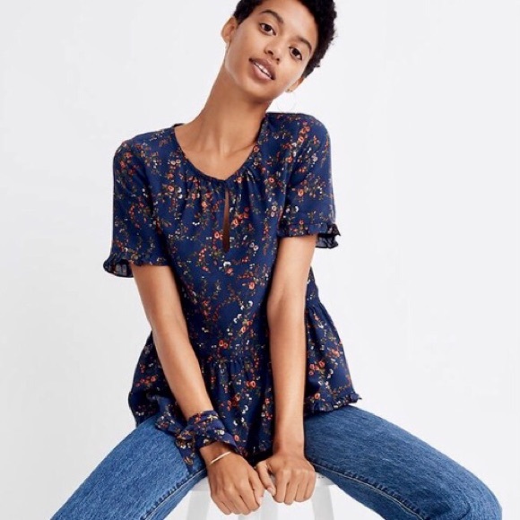 Madewell Silk Stanza Ruffle Hem Navy Blue Keyhole Floral Blouse Size Small - Picture 3 of 10